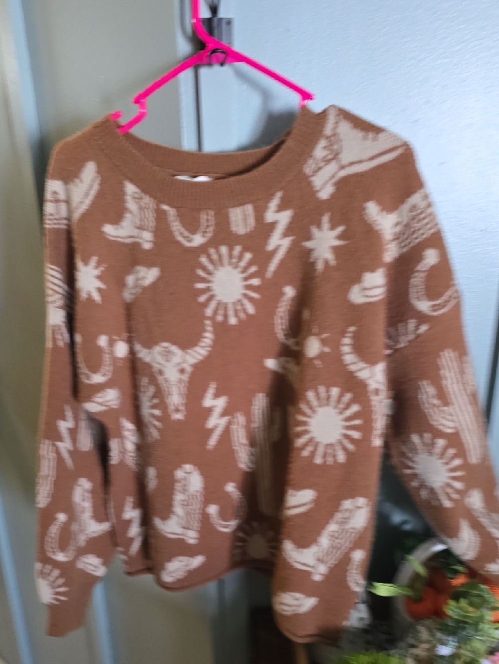 Boutique Women's Tan Crewneck Sweater with Cream Western Motif